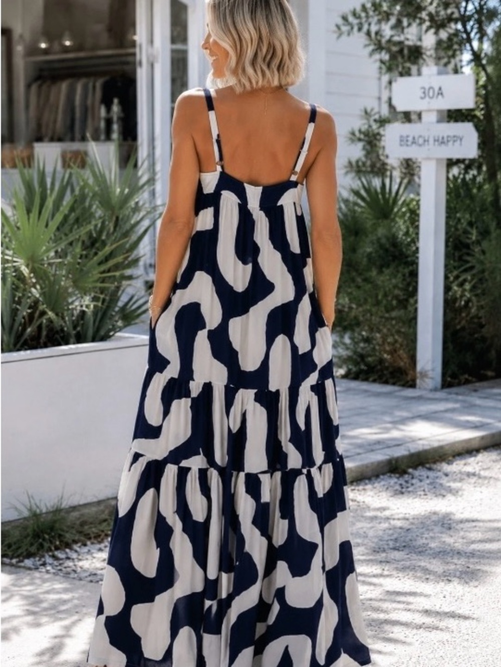 Abel The Label Maxi Dress L Navy White Abstract Tiered NWT Anthropologie Style - Picture 3 of 16
